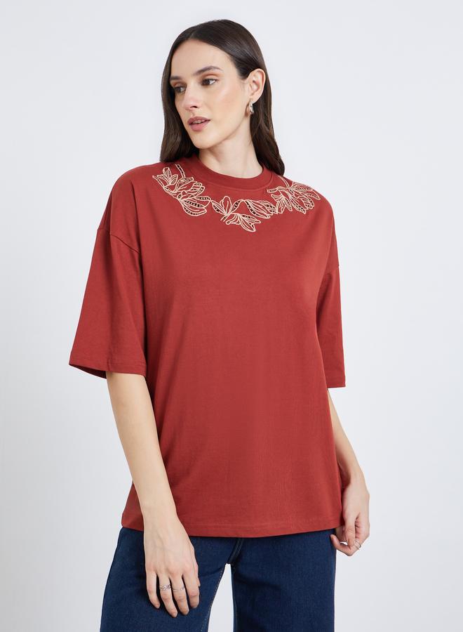 Styli Women Red Embroidered Oversized T-Shirt - Image 1